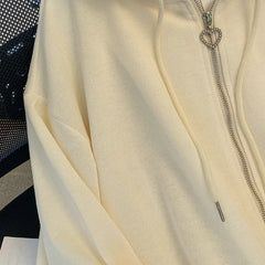 Chic Embroidered Hooded Korean Sweatshirt Women's Cardigan Autumn Thin Coat with Zipper Apricot Streetwear Hoodies (Size M-XL)