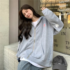 Chic Embroidered Hooded Korean Sweatshirt Women's Cardigan Autumn Thin Coat with Zipper Apricot Streetwear Hoodies (Size M-XL)
