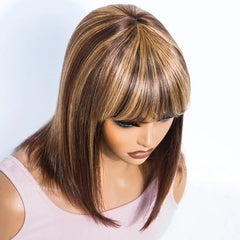 Sleek Straight Bob Human Hair Wigs With Bangs Brown Highlight Remy Brazilian Hair Wigs 100% Real Short Human Hair Wigs