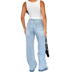Denim Pant Women Mom Jeans Long Pants Mid Waist Straight Trousers Y2k Streetwear Elegant Splice Club Simple Spring 2025 Blue