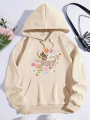 Flowers And Butterflies Hoodie Women Plants Prints Sweatshirt Fleece Warm Pocket Loose Pullover Street Comfortable Woman Clothes