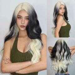 GEMMA Synthetic Hairline Lace Wig Dark Brown Highlight Long Natural Wavy Wigs Women Cosplay Daily Hair Wig Heat Resistant Fibre