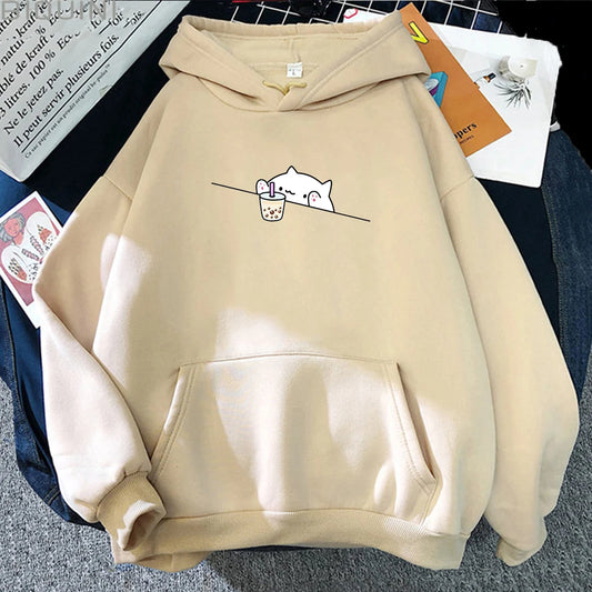 Bubble Tea Casual Pullover hoodie women Cartoon Female Hooded Clothes Plus Size Hoodies Kawaii Cat Boba Women fleece Sweatshirts