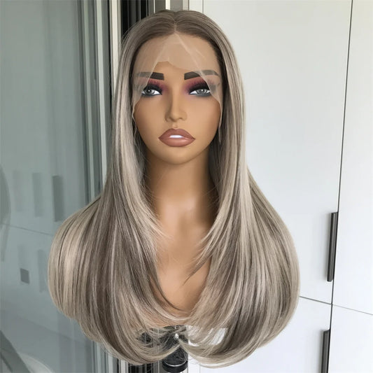 Highlight Blonde Layered Wig Synthetic Lace Front Wig for Women Straight Chocolate Brown Colored Pre Plucked Lace Wig Black