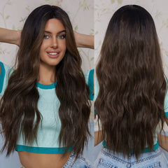 GEMMA Synthetic Hairline Lace Wig Dark Brown Highlight Long Natural Wavy Wigs Women Cosplay Daily Hair Wig Heat Resistant Fibre