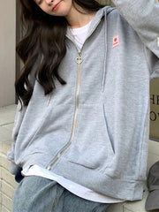 Chic Embroidered Hooded Korean Sweatshirt Women's Cardigan Autumn Thin Coat with Zipper Apricot Streetwear Hoodies (Size M-XL)