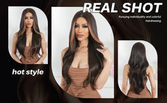 GEMMA Synthetic Hairline Lace Wig Dark Brown Highlight Long Natural Wavy Wigs Women Cosplay Daily Hair Wig Heat Resistant Fibre