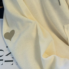 Chic Embroidered Hooded Korean Sweatshirt Women's Cardigan Autumn Thin Coat with Zipper Apricot Streetwear Hoodies (Size M-XL)