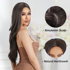 GEMMA Synthetic Hairline Lace Wig Dark Brown Highlight Long Natural Wavy Wigs Women Cosplay Daily Hair Wig Heat Resistant Fibre