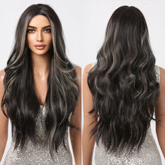 GEMMA Synthetic Hairline Lace Wig Dark Brown Highlight Long Natural Wavy Wigs Women Cosplay Daily Hair Wig Heat Resistant Fibre