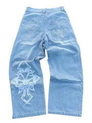 Hip Hop Y2K Jeans Mens Retro Skull Embroidery Washed Women's Denim Pants New Straight Casual Loose Wide Leg Trouser Streetwear