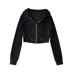 4 colors Harajuku Spliced Rib Fishbone Slim Waist Open Zipper Hooded Sweatshirt Women Cropped Hoodies Casual Jumper Short Sweats