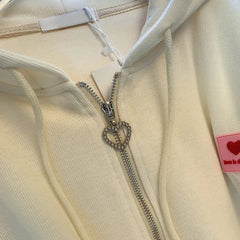 Chic Embroidered Hooded Korean Sweatshirt Women's Cardigan Autumn Thin Coat with Zipper Apricot Streetwear Hoodies (Size M-XL)