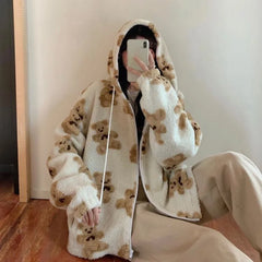 Hoodies Women Sweatshirts Animal Hooded Thickening Leisure Fleece Cartoon Bear Plush Fleece Zipper Pockets Clothing YKDnz7003