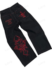 Hip Hop Y2K Jeans Mens Retro Skull Embroidery Washed Women's Denim Pants New Straight Casual Loose Wide Leg Trouser Streetwear