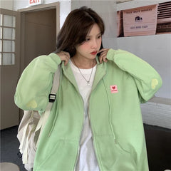 Chic Embroidered Hooded Korean Sweatshirt Women's Cardigan Autumn Thin Coat with Zipper Apricot Streetwear Hoodies (Size M-XL)