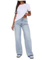 Denim Pant Women Mom Jeans Long Pants Mid Waist Straight Trousers Y2k Streetwear Elegant Splice Club Simple Spring 2025 Blue