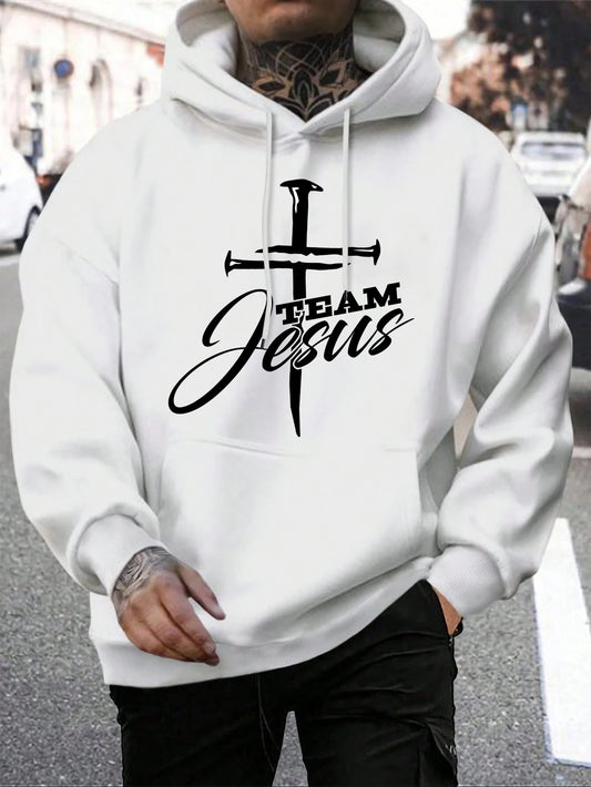 Team Jesus Letter Design Printing Men's Sweatshirt Fashion Warm Hooded Casual Pocket Hoodies Autumn Big Size Streetwear