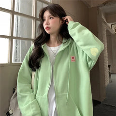 Chic Embroidered Hooded Korean Sweatshirt Women's Cardigan Autumn Thin Coat with Zipper Apricot Streetwear Hoodies (Size M-XL)