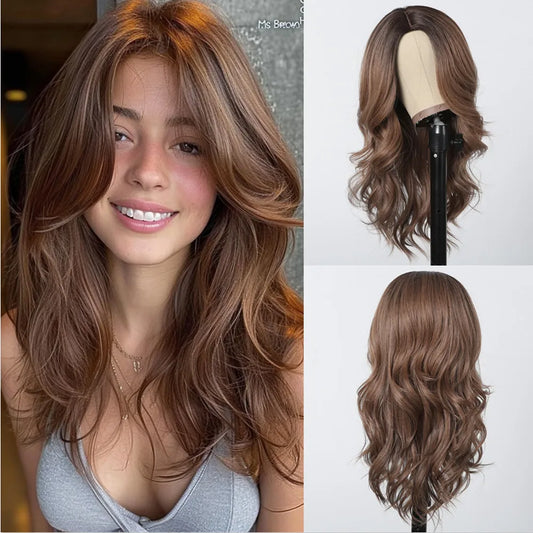 ALAN EATON Ombre Honey Brown Wigs Long Wavy Synthetic Wigs Middle Part Layered Hair Heat Resistant Realistic Fiber Wig Daily Use