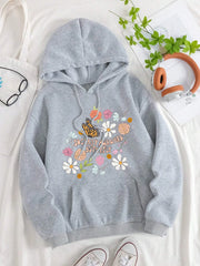 Flowers And Butterflies Hoodie Women Plants Prints Sweatshirt Fleece Warm Pocket Loose Pullover Street Comfortable Woman Clothes