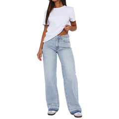 Denim Pant Women Mom Jeans Long Pants Mid Waist Straight Trousers Y2k Streetwear Elegant Splice Club Simple Spring 2025 Blue