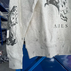 Winter Series SAINT Round Neck Oversized Men Sweater ARIES Print Beige Vintage Pullover Streetwear