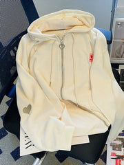 Chic Embroidered Hooded Korean Sweatshirt Women's Cardigan Autumn Thin Coat with Zipper Apricot Streetwear Hoodies (Size M-XL)