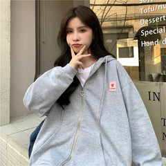 Chic Embroidered Hooded Korean Sweatshirt Women's Cardigan Autumn Thin Coat with Zipper Apricot Streetwear Hoodies (Size M-XL)
