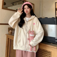 Chic Embroidered Hooded Korean Sweatshirt Women's Cardigan Autumn Thin Coat with Zipper Apricot Streetwear Hoodies (Size M-XL)