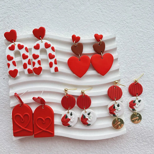 AENSOA Handmade Red Heart Floral Pattern Polymer Clay Earrings for Women Girls Romantic Earrings Valentine's Day Jewelry Gifts