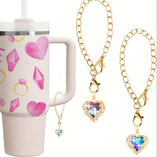 2pcs/pack Heart-Shaped Crystal Charms For Tumblers, 0.59inch Golden Chain Cup Accessories, Beverage Identifier For Stanley Cups