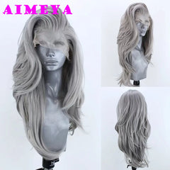 AIMEYA Silver Grey Lace Wig Heat Resistant Synthetic Lace Front Wig Long Natural Wave Mix Blonde Lace Wigs Daily Use Cosplay