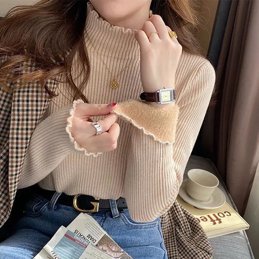 Autumn Winter Women Ruffles Turtleneck Sweater Thicken Warm Thermal Pullover For Women Sweater 2024