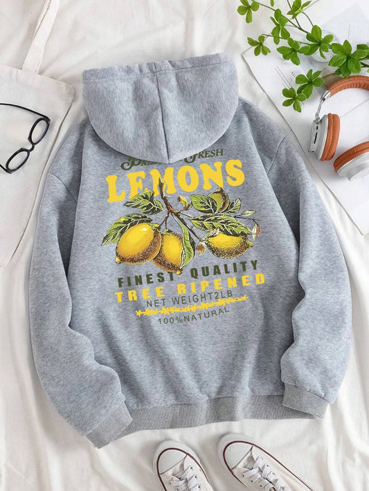 Premium Fresh Lemons Hoodies Womens Fruit Printing Sweatshirts Warm Fleece Tops Soft Comfortable Pullovers Casual Female Clothes