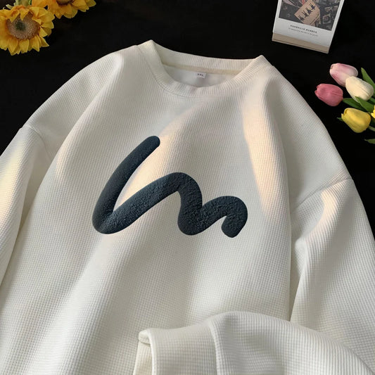 Korean Men Sweatshirt Waffle Fabric Crew Neck Sweatshirts Wave Print Casual Loose Sports Pullovers Streetwear Hoodie