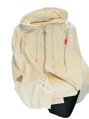 Chic Embroidered Hooded Korean Sweatshirt Women's Cardigan Autumn Thin Coat with Zipper Apricot Streetwear Hoodies (Size M-XL)