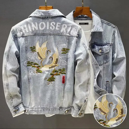 2023 Spring Vintage Embroidery Denim Jacket For Men Trendy Slim Fit Smooths Your Silhouette New Style Casual Clothing