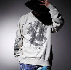 Winter Series SAINT Round Neck Oversized Men Sweater ARIES Print Beige Vintage Pullover Streetwear