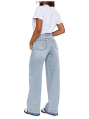Denim Pant Women Mom Jeans Long Pants Mid Waist Straight Trousers Y2k Streetwear Elegant Splice Club Simple Spring 2025 Blue