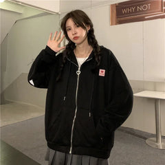 Chic Embroidered Hooded Korean Sweatshirt Women's Cardigan Autumn Thin Coat with Zipper Apricot Streetwear Hoodies (Size M-XL)