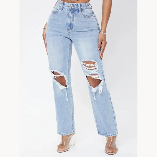 Mom Jeans Women Pant Long Pants Hollow Out Blue Elegant High Waist Pencil Elegant Wide Leg Streetwear Y2k Denim Trousers 2025