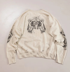 Winter Series SAINT Round Neck Oversized Men Sweater ARIES Print Beige Vintage Pullover Streetwear