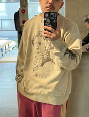 Winter Series SAINT Round Neck Oversized Men Sweater ARIES Print Beige Vintage Pullover Streetwear