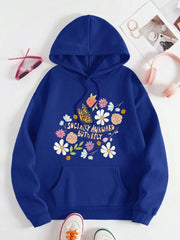 Flowers And Butterflies Hoodie Women Plants Prints Sweatshirt Fleece Warm Pocket Loose Pullover Street Comfortable Woman Clothes