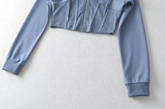 4 colors Harajuku Spliced Rib Fishbone Slim Waist Open Zipper Hooded Sweatshirt Women Cropped Hoodies Casual Jumper Short Sweats