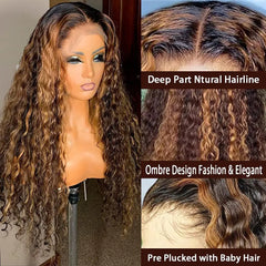 Sleek Curly Human Hair Wig For Women Brown Highlights Lace Wig Remy Brazilian Hair Wigs 13X1 Water Wave Woman T Part Lace Wigs