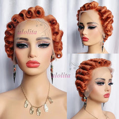 Short Curly Wigs Transparent 13x4 Lace Frontal Wig Natural Burgundy Piano Color Human Hair Wigs for Balck Women Perruque Catalin