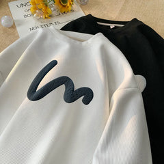 Korean Men Sweatshirt Waffle Fabric Crew Neck Sweatshirts Wave Print Casual Loose Sports Pullovers Streetwear Hoodie