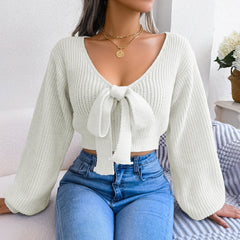 Women Sweater 2023 Fall Casual Sexy Bow Long Sleeve Knitted Pullovers Crop Top